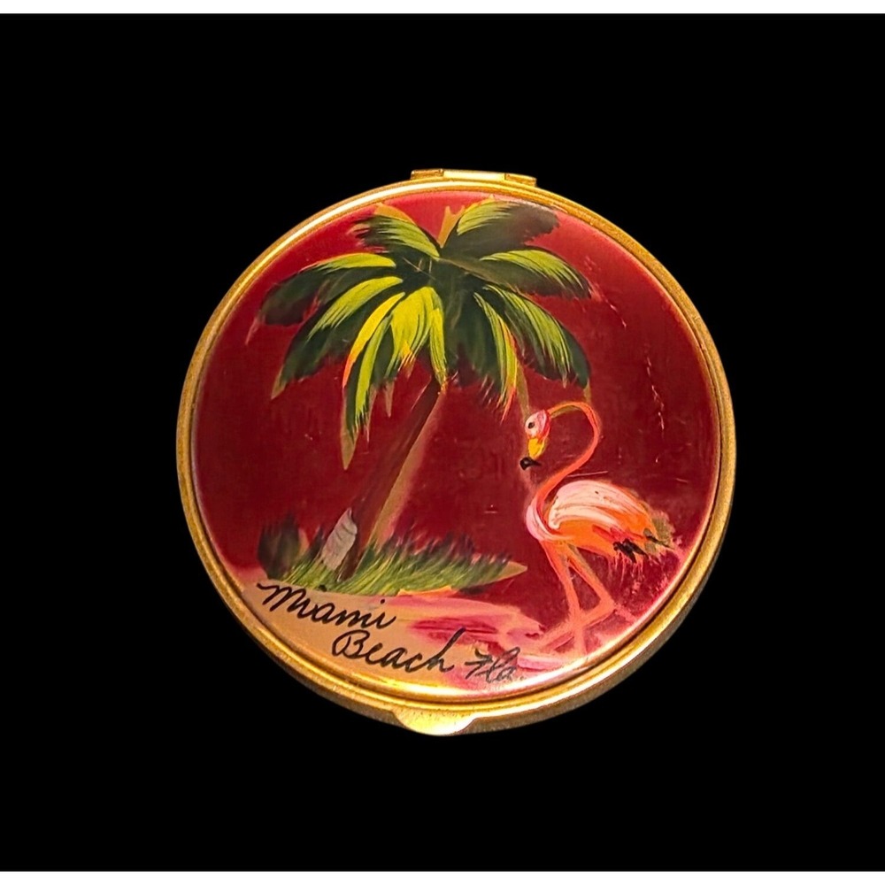 Vintage Souvenir Mirror Powder Case Hand Painted Miami Flamingo Palm Tree NOS
